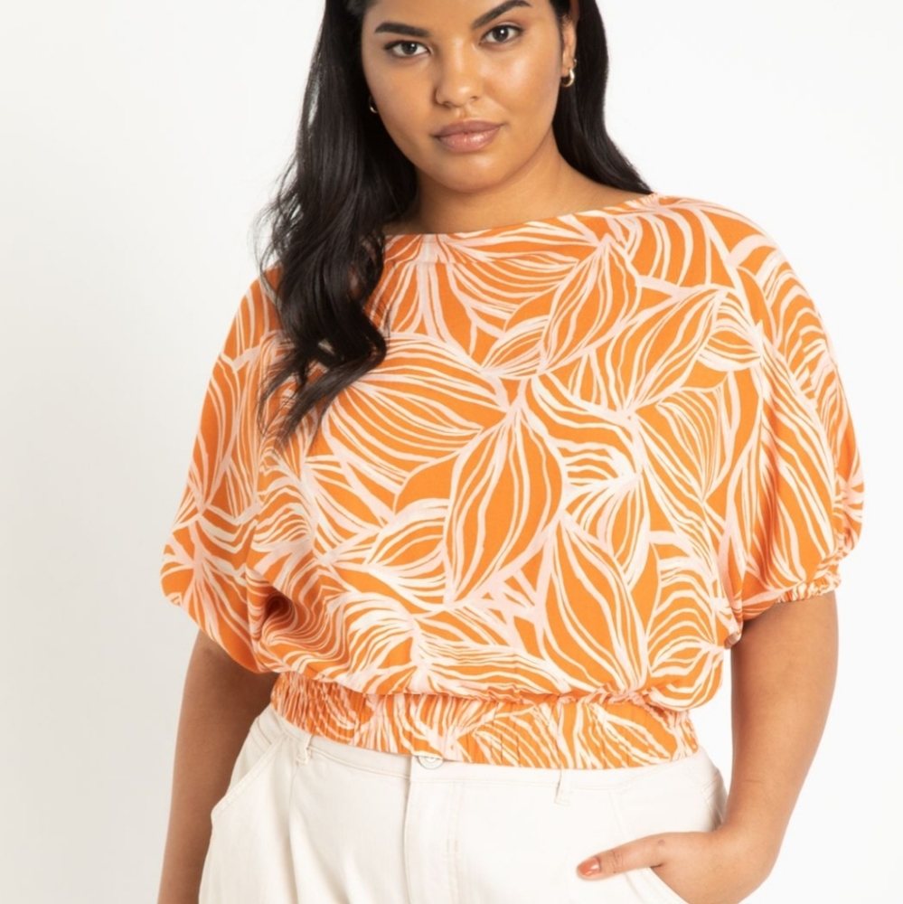 Eloquii Orange and White Leaf Print Top